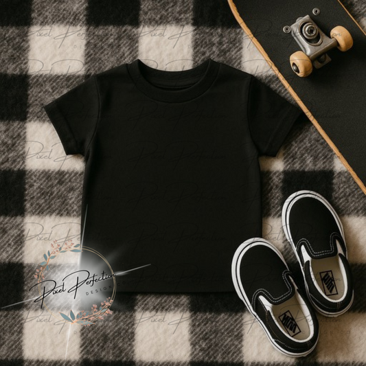 Kids black T-shirt flat lay with skateboard and vans checkered background digital file