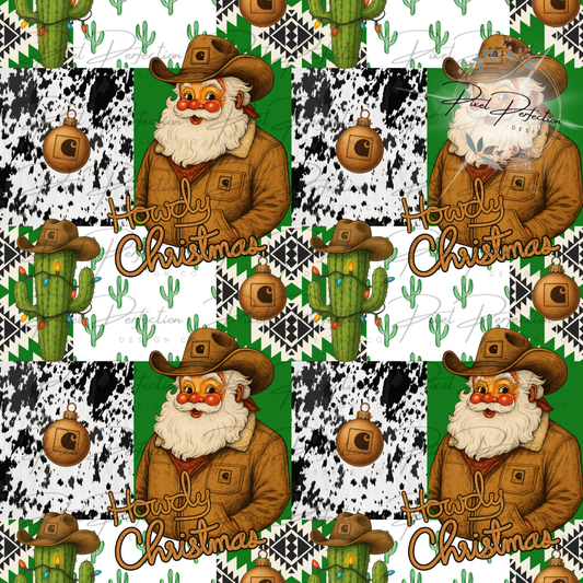 Howdy Christmas western blue collar Santa patchwork seamless