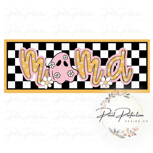Orange and pink floral ghost Mama with checkered background and matching ghost for sleeve PNG