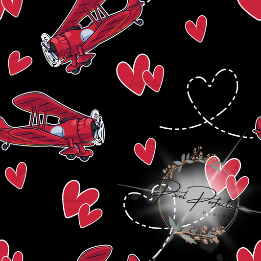 Red airplane black background valentines seamless