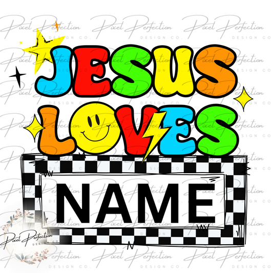 Boy Jesus loves smiley lighting bolt name plate png