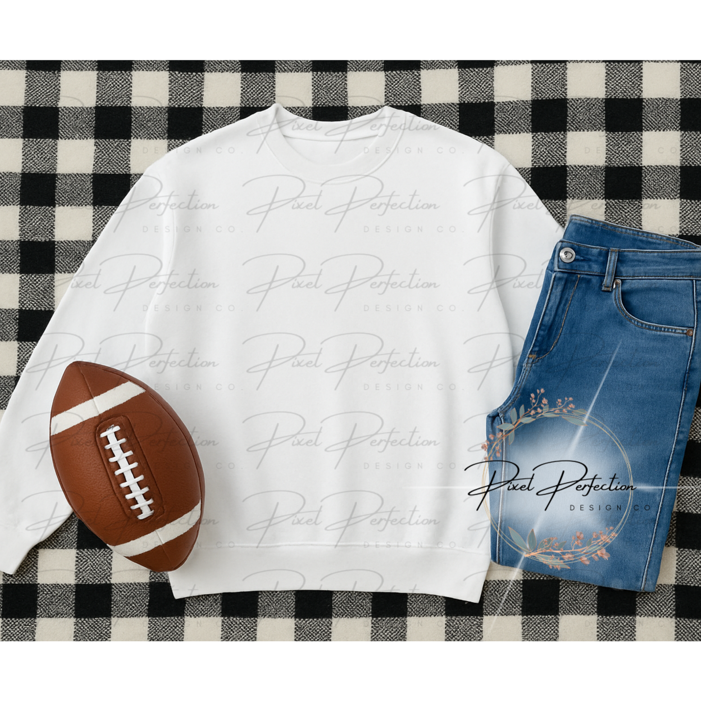 White sweatshirt flat lay with black and white checkered background with football digital file