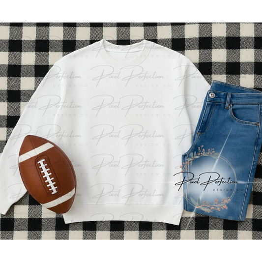 White sweatshirt flat lay with black and white checkered background with football digital file