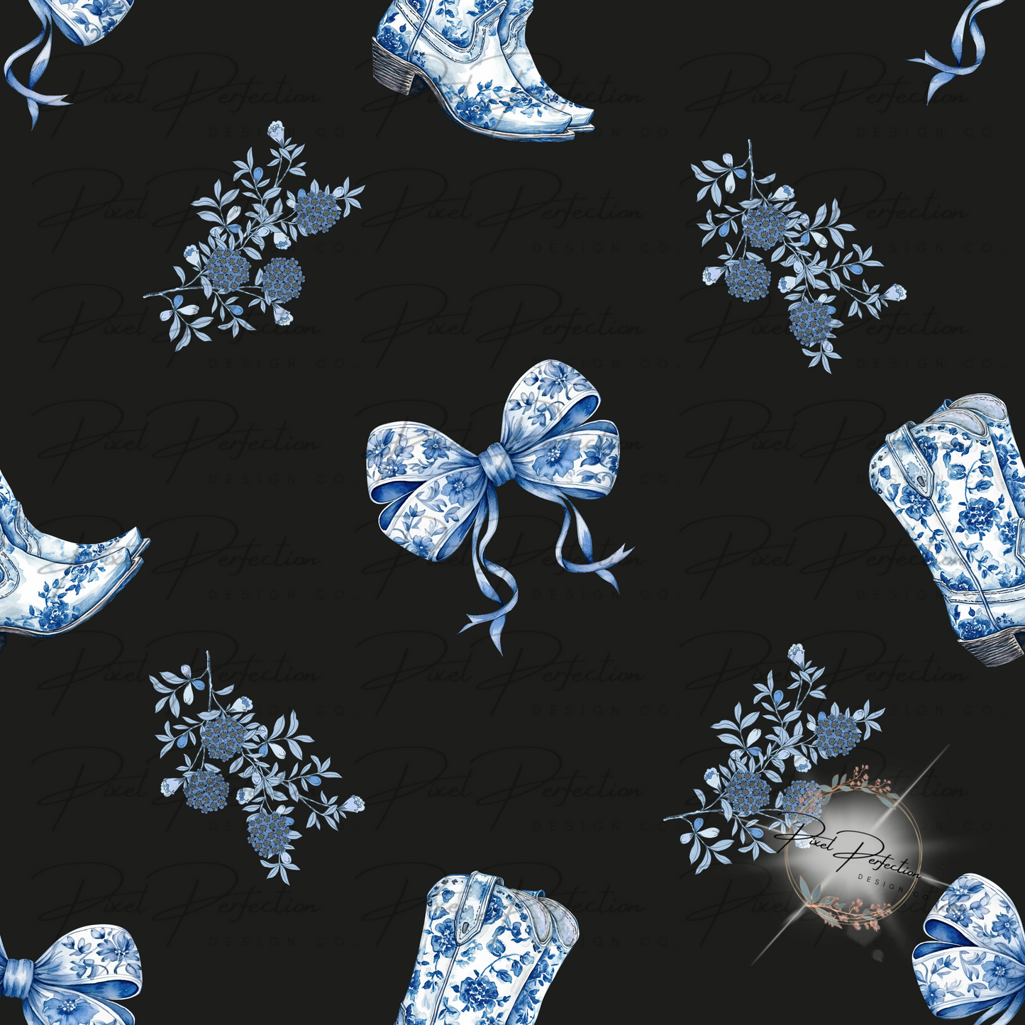 Blue Girly cowgirl boots coquette bow seamless transparent background