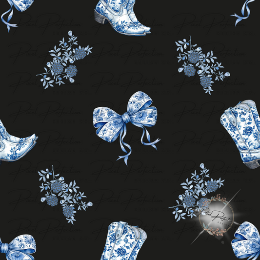 Blue Girly cowgirl boots coquette bow seamless transparent background