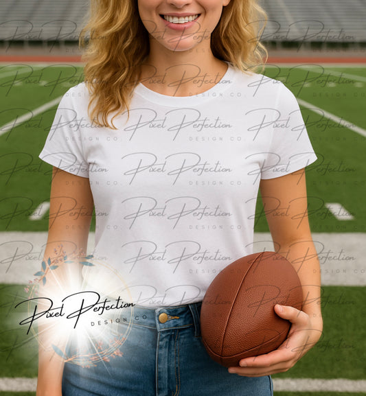 White T-shirt mock-up on women holding football with football field background digital file