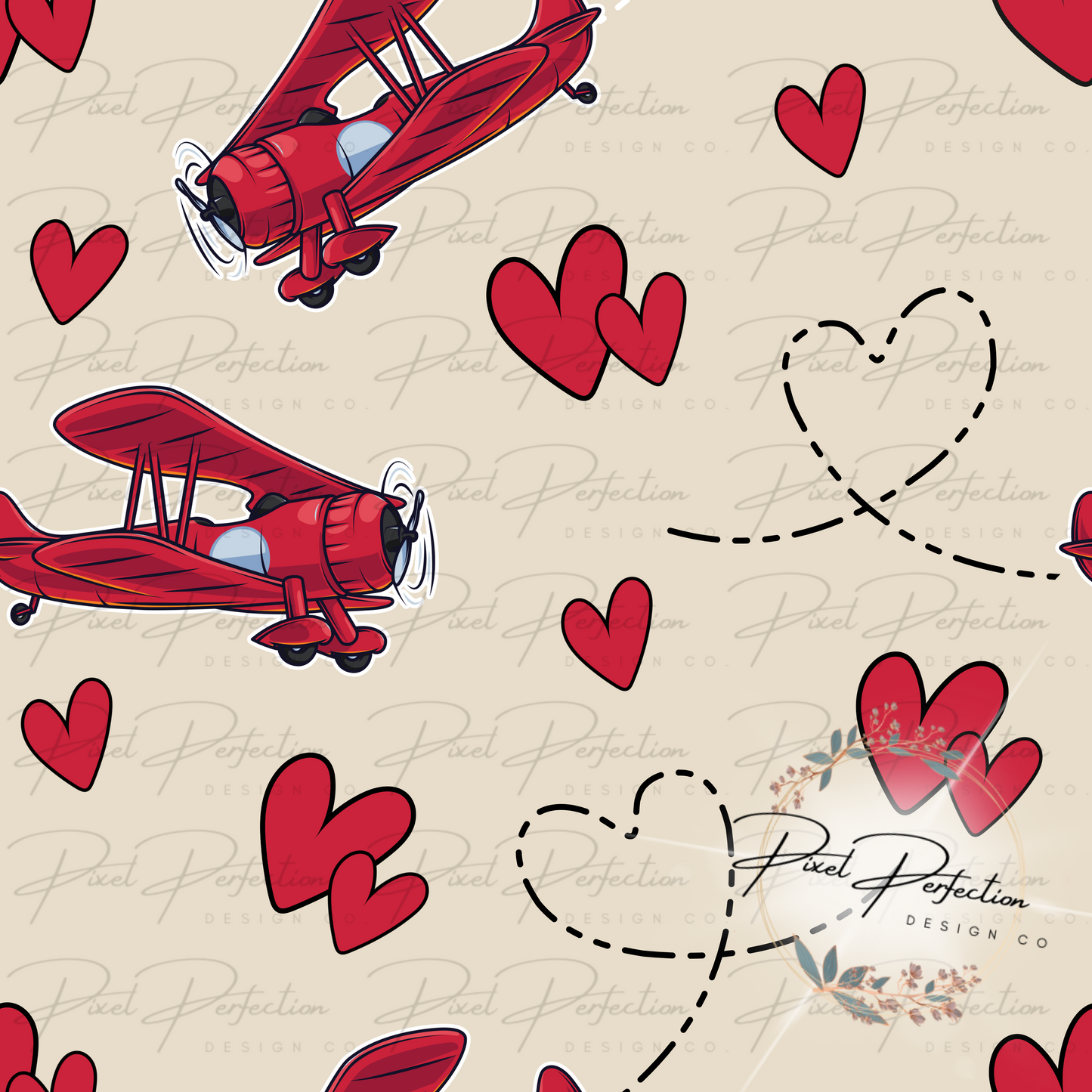 Red airplane tan background valentines seamless