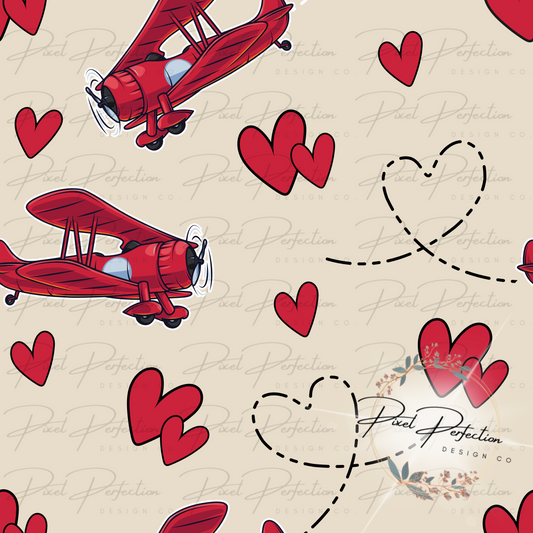 Red airplane tan background valentines seamless