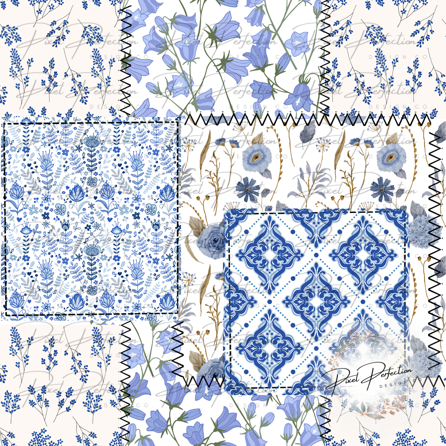 Dark blue floral quilted patchwork seamless