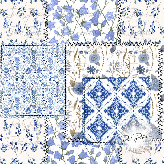 Dark blue floral quilted patchwork seamless