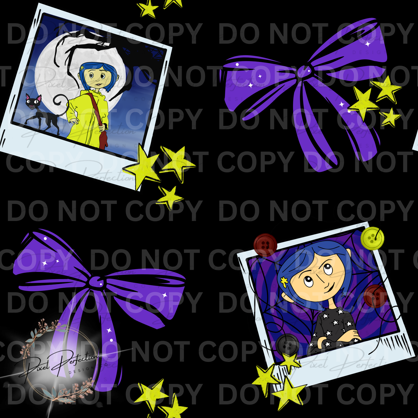 Button eyes Polaroids with bows and stars seamless