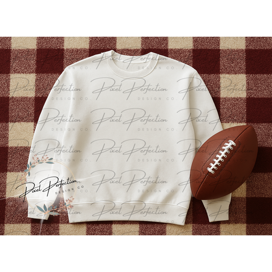 White sweatshirt flat lay with white and burgundy checkered background with football digital file