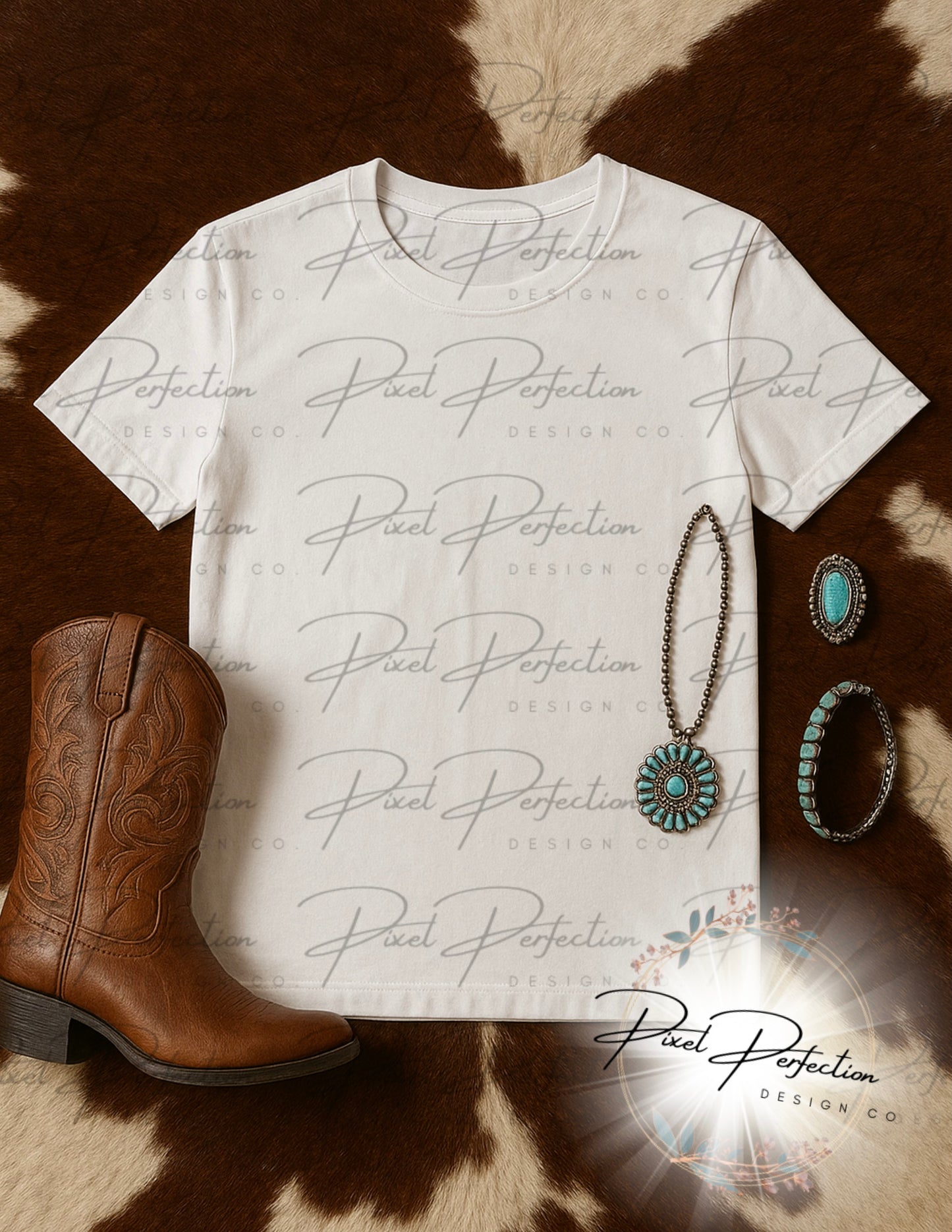 White T-shirt flat lay mock-up with cowhide background boots and jewelry digital file