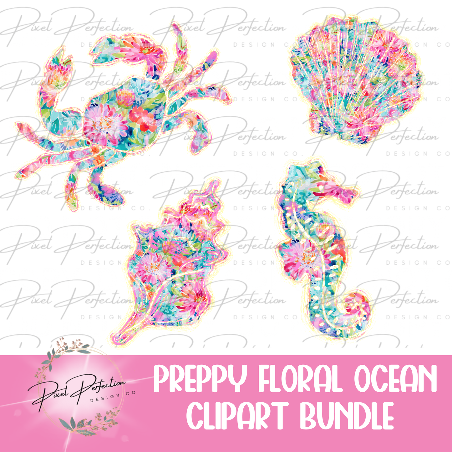 Preppy floral ocean clipart bundle