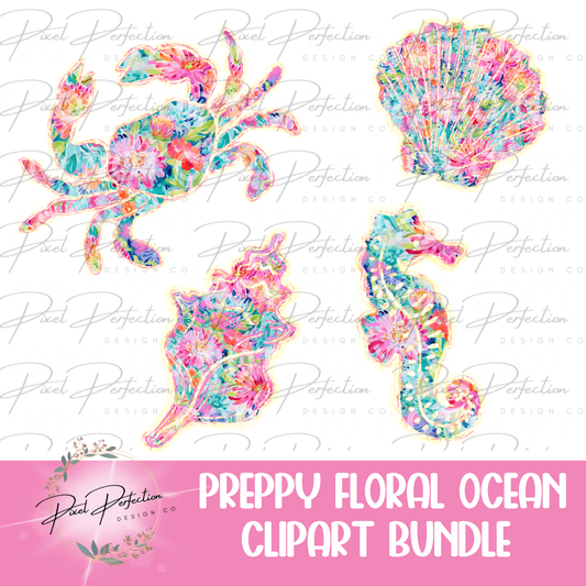 Preppy floral ocean clipart bundle