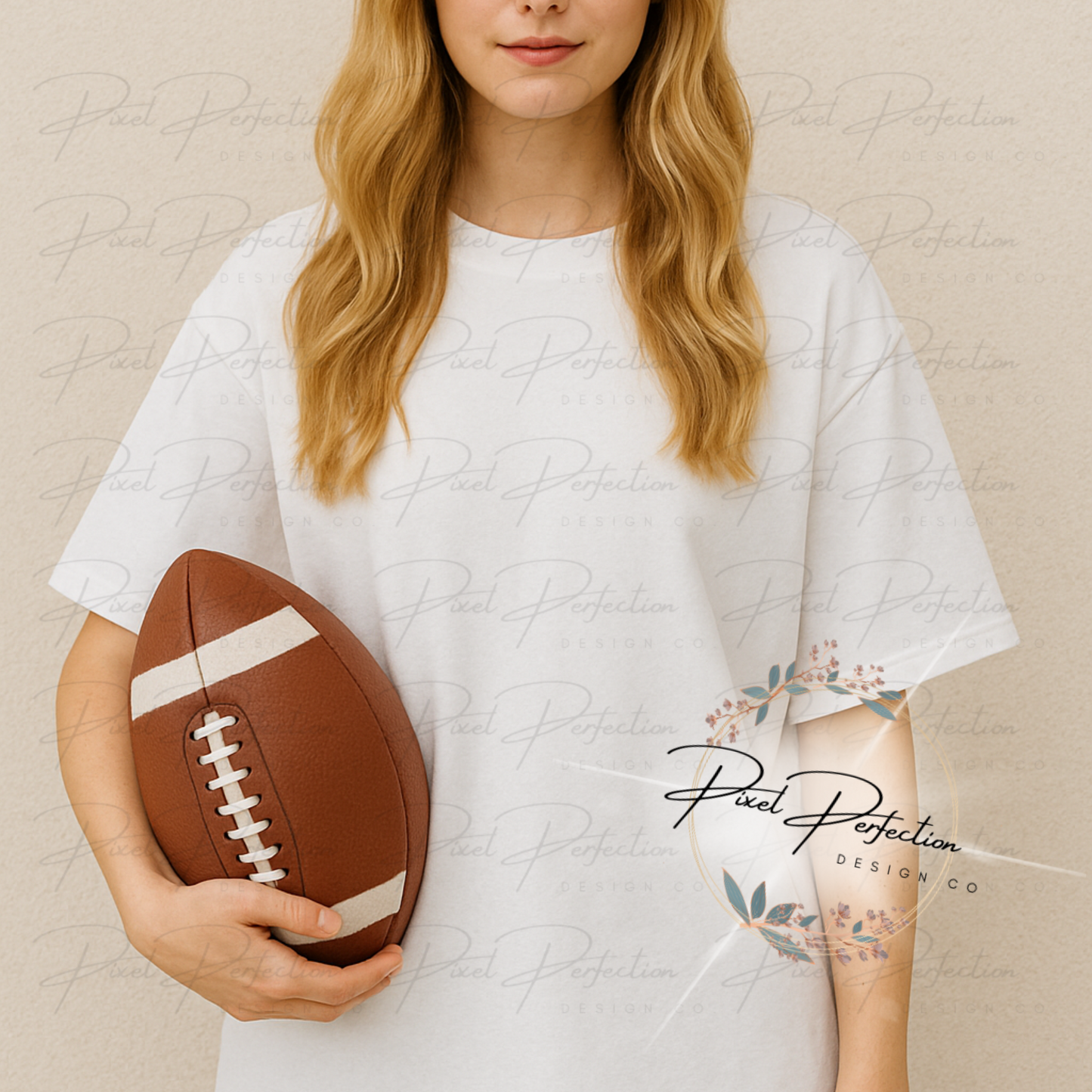 White T-shirt on women holding a football with neutral background digital file