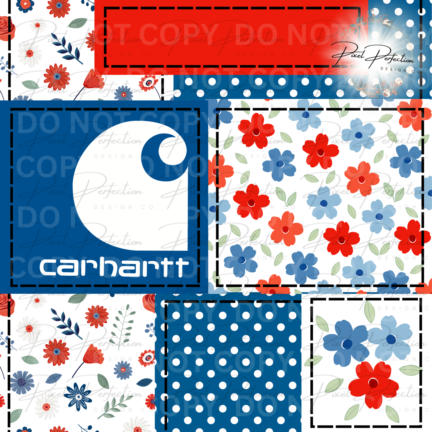 Blue collar red white and blue girlie floral patchwork seamless