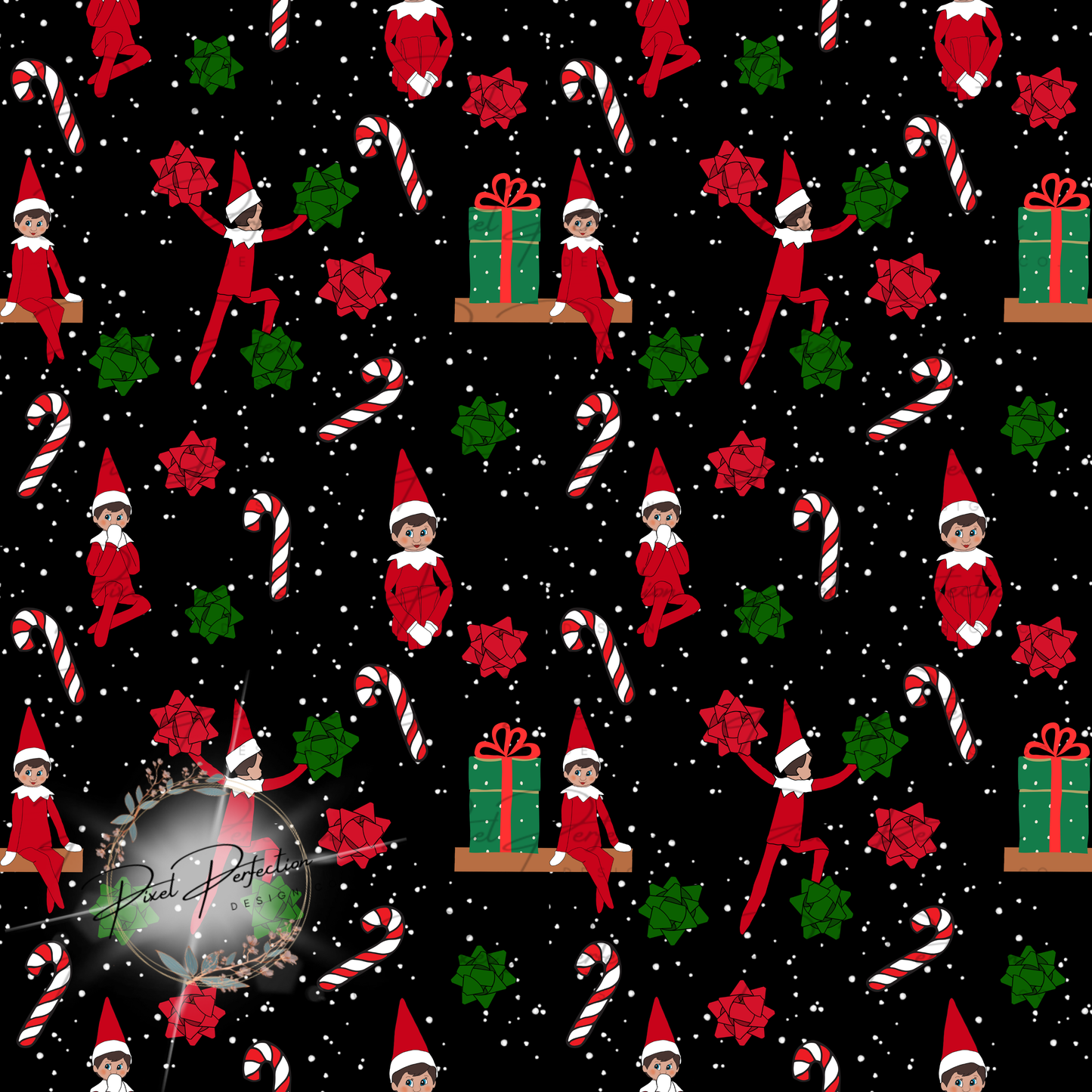 Elf seamless black background with snow