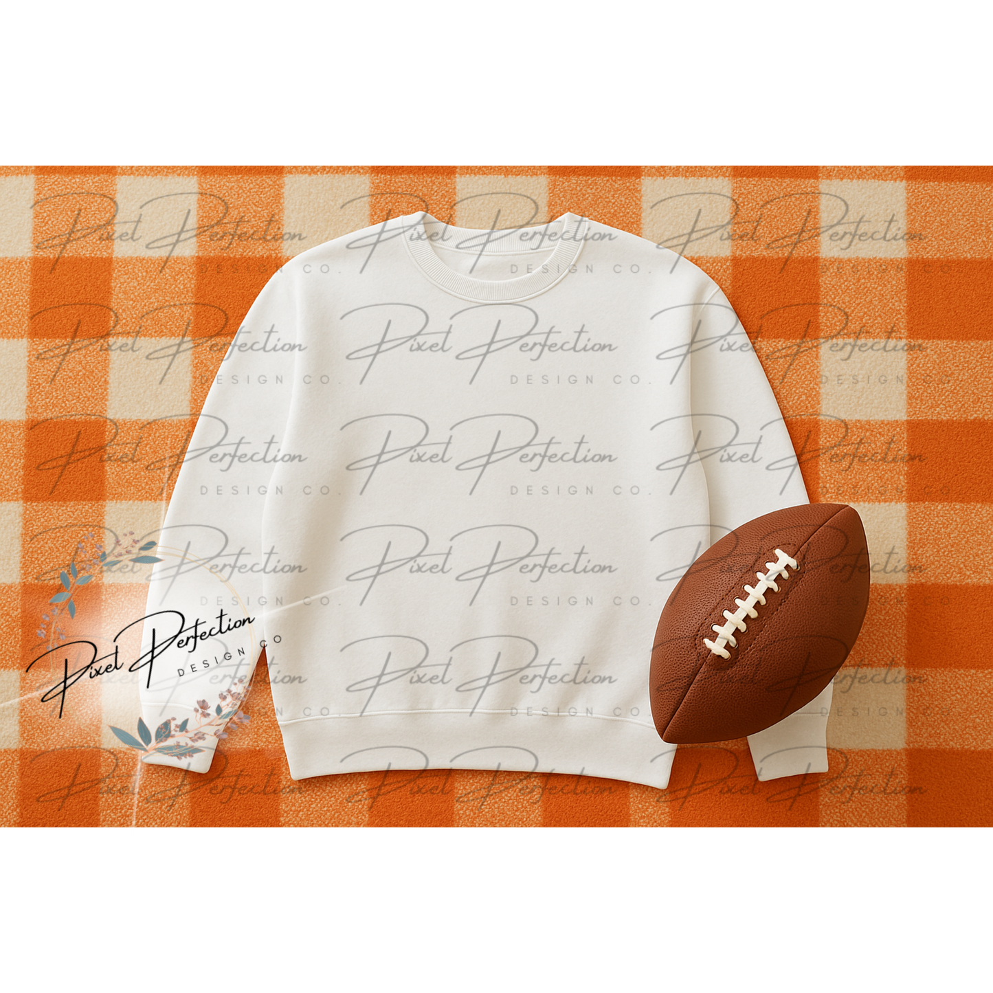 white sweatshirt flat lay with orange and white checkered background with football digital file