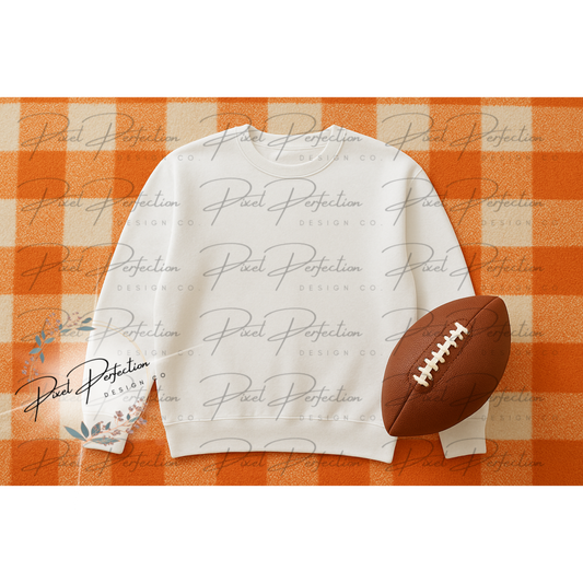 white sweatshirt flat lay with orange and white checkered background with football digital file