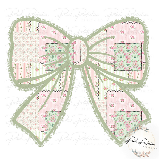 Pink floral quilted patchwork bow PNG