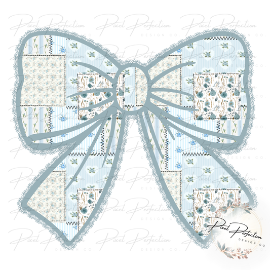 Blue floral quilted patchwork bow PNG