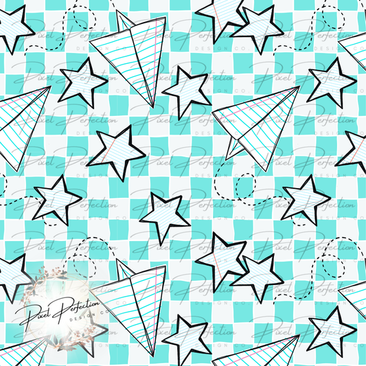 Back to school paper airplane checkered seamless