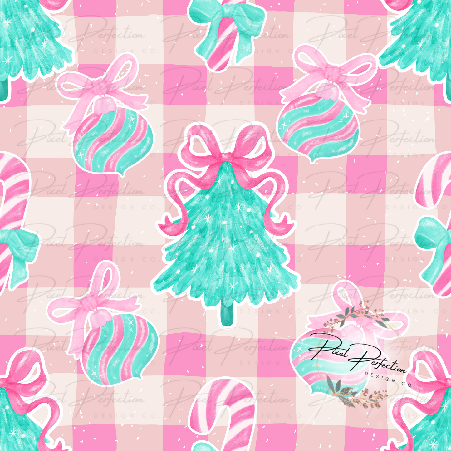 Preppy coquette pink and blue Christmas seamless digital design