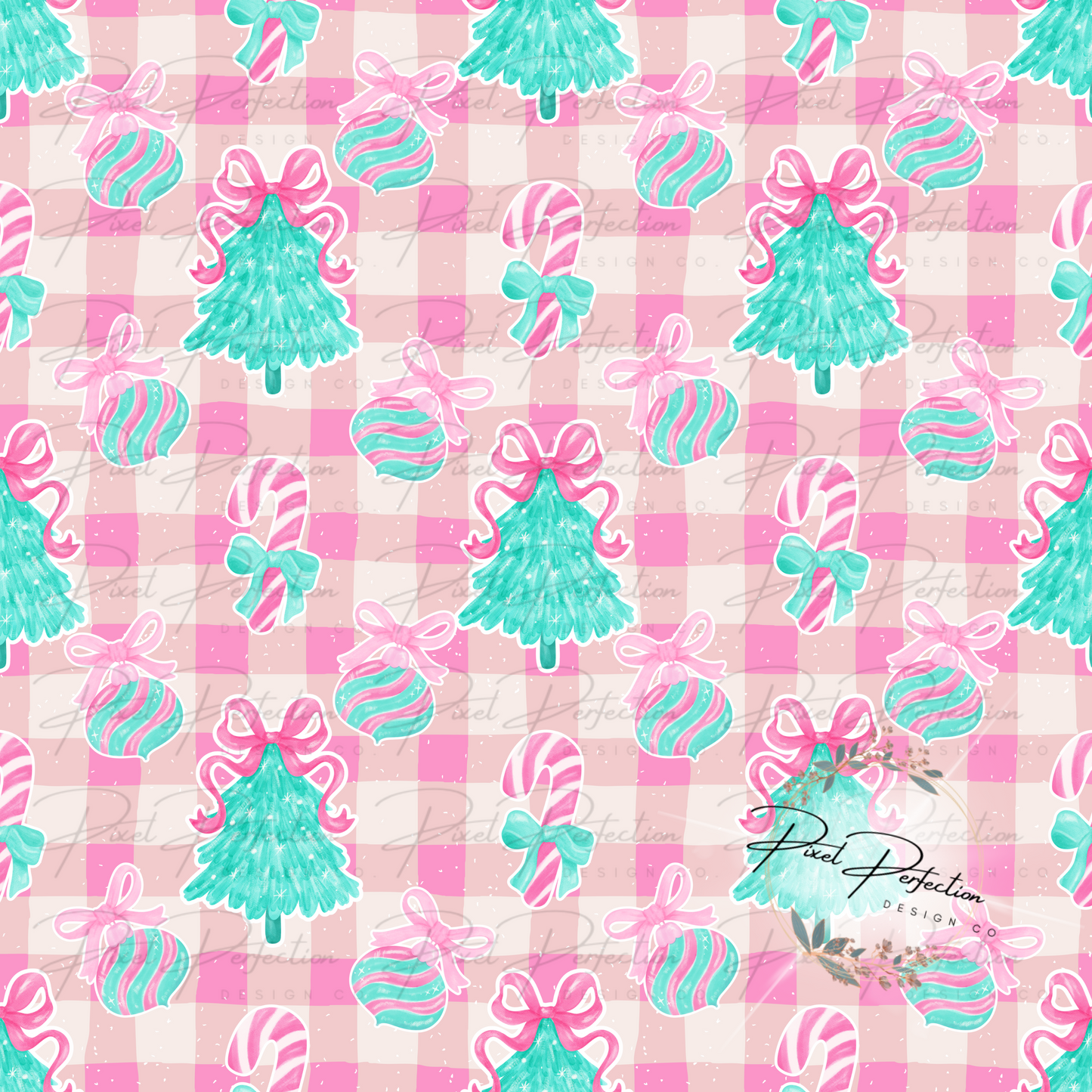 Preppy coquette pink and blue Christmas seamless digital design