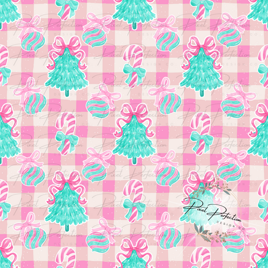 Preppy coquette pink and blue Christmas seamless digital design