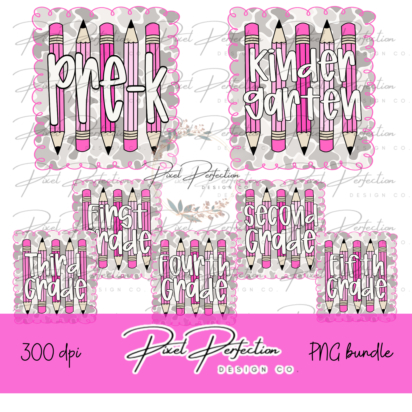 Back to school girl camo frame with pencils png bundle prek-5th