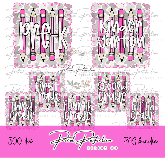 Back to school girl camo frame with pencils png bundle prek-5th