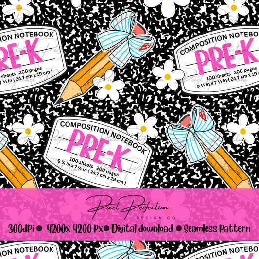 Back to school black prek composition notebook seamless