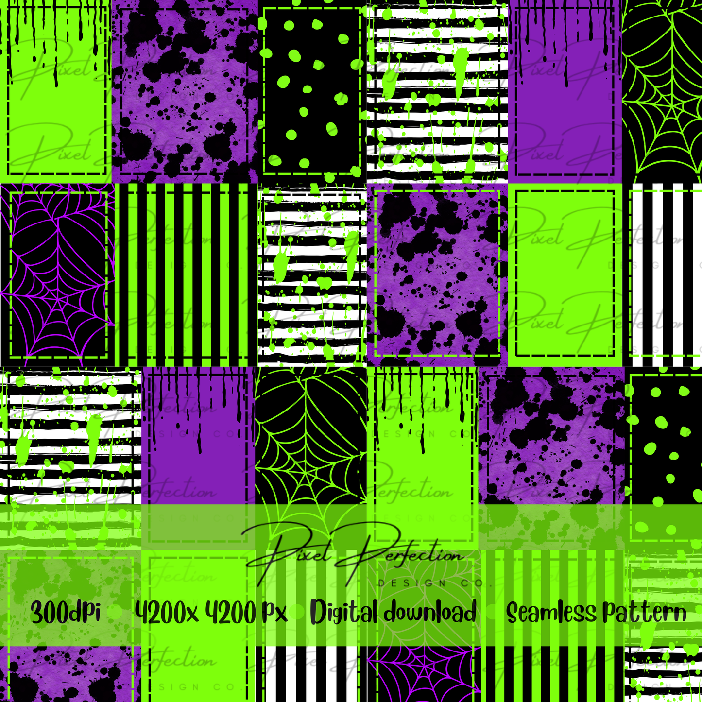 Halloween neon green and purple patchwork seamless