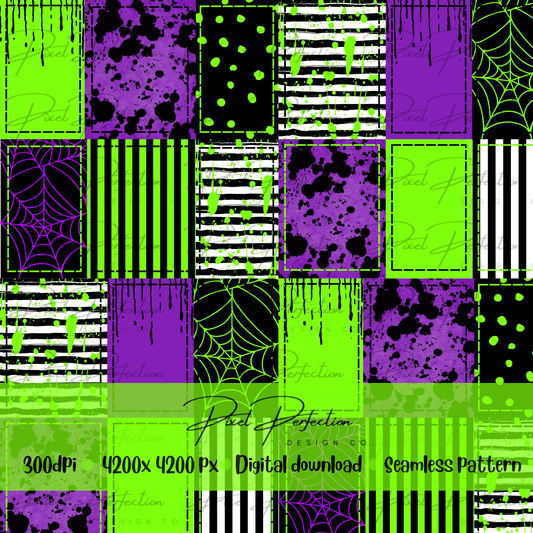 Halloween BJ neon green and purple patchwork seamless