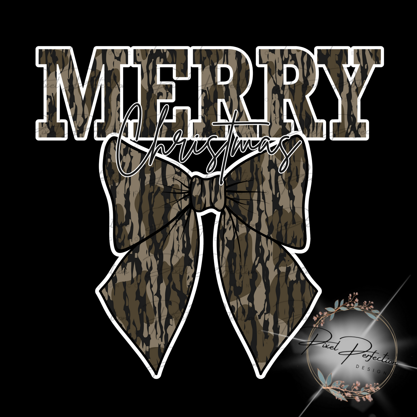 Camo merry Christmas coquette bow with white outline png
