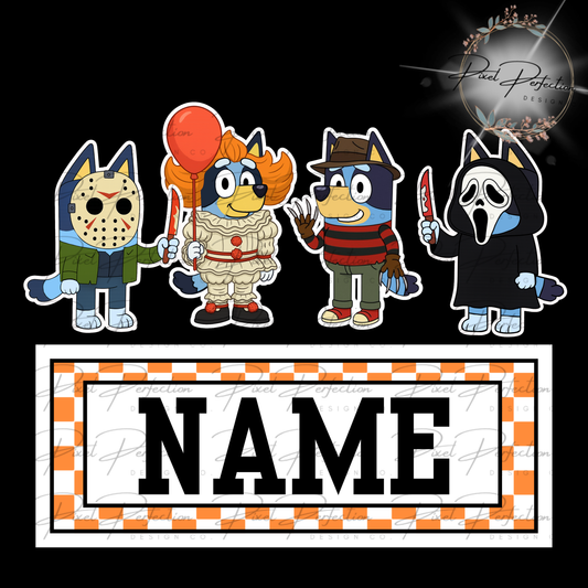 Blue dog Halloween horror name plate outlined in white